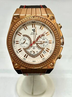 Relógio Aqua Master masculino ouro rosa estojo pulseira de couro preto diamante 0,24 ct W#304 - Imagem 1 de 2