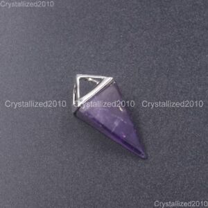 Natural Gemstones Amethyst Crystal Pyramid Pointed Reiki Chakra Silver Pendant