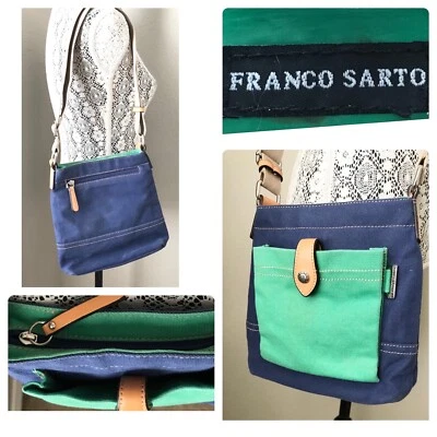 Franco Sarto Blue Green Canvas Purse Crossbody Bag Adjustable PU Trim Colorblock - Image 1 of 4