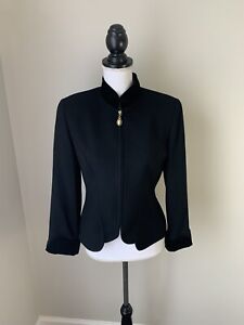 CHRISTIAN DIOR Skirt Suit Petite 8P Black 2 Piece Wool Velvet Trim Zip Vintage