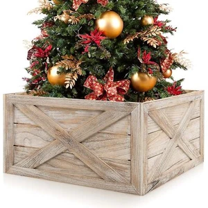 Wooden Xmas Tree Collar Box Christmas Tree Stand Cover w/ Hook & Loop Fasteners - Picture 1 of 10