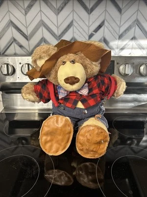VTG 1984 Cabbage Patch FURSKINS DUDDLY Bear Plaid Overalls 22" Xavier Roberts B4 - Image 1 of 4