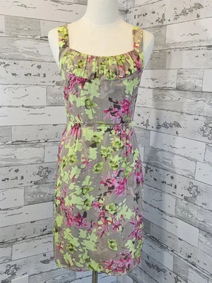 Banana Republic Womens Dress Petite 2 Sleeveless Floral Pink Green Cotton Silk - Image 1 of 4