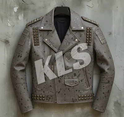 Men's Punk Studded Grey Leather Jacket-Gothic Biker Motorcycle Coat with Spike - Image 1 of 4