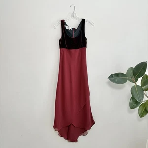 Vtg 90s Y2K Unger Mindel Velvet Chiffon Midi Dress Fairy Goth 4 Burgundy - Picture 1 of 5