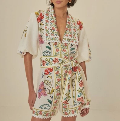 Farm Rio Floral Insects Belted Short Sleeve Romper Sz Small - Image 1 of 4