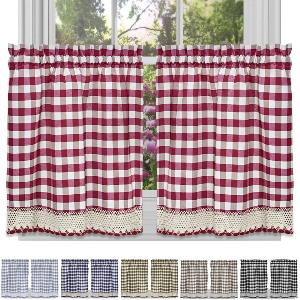 Juego de pares de cortinas de ventana a cuadros con panel de cocina de guinga 58" x 24" Foto 1 de 1