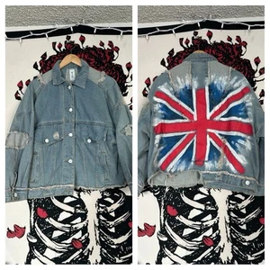 RARE WREN & GLORY Distressed Union Jack UK Flag Denim Jean Jacket Painted Coat - Imagen 1 de 6