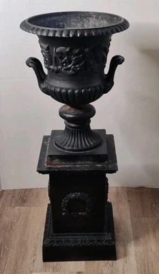 Antique/Vintage CAST IRON PLANTER URN W/ PEDESTAL Garden 27" Tall Neoclassical  - Image 1 of 4