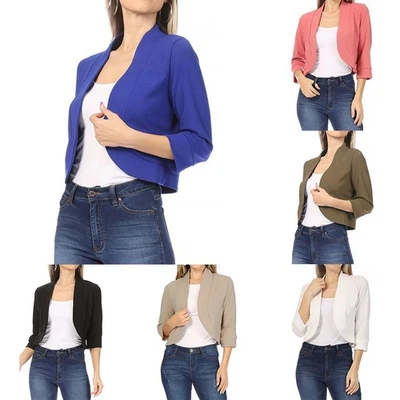 Women Plain Cropped 3/4 Sleeve Blazer Suit Jacket Coat Open Shrug Cardigan - Image 1 of 4