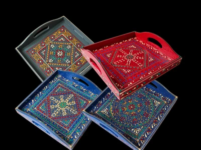 Handcrafted Pakistani Wooden Serving Tray - Vibrant Traditional Folk Art Design - Image 1 of 4