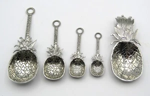 "PINEAPPLE" SILVER-TONE METAL MEASURING SPOONS (4) & SPOON REST - 5 PC. SET - Picture 1 of 4
