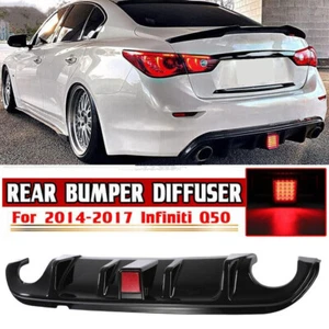 Rear Bumper Diffuser Spoiler Fins w/ LED For 2014-17 Infiniti Q50 Gloss Black - Picture 1 of 12