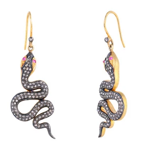 14K Gold Snake Dangle Earrings 925 Silver Wedding Diamond Pave Fine Jewelry - Picture 1 of 6