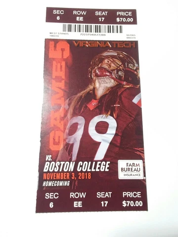 2018 Boston College Virginia Tech Hokies Football Ticket Stub Cover