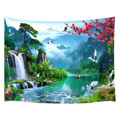 Shangri-La Tapestry Waterfall Wall Hanging Cranes Floral Fabric Bedroom Decor - Image 1 of 4