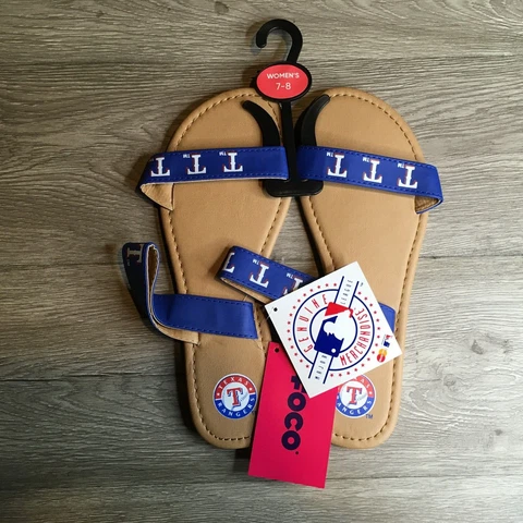 Forever Collectible Womens Medium Slip On Sandals Texas Rangers Beige/Blue NWT Cover