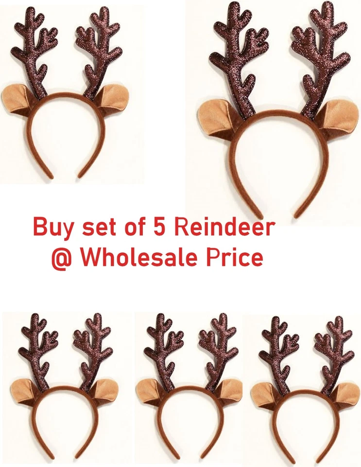 PMS Reindeer Antlers Headband Brown Glitter Christmas Party Hat Boppers wholesale