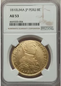 1810 Peru 8 escudos Lima Imagined Imaginary Bust gold Ferdinand NGC AU 53 - Picture 1 of 2