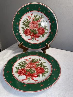 Lefton China Christmas Rose and Holly 8" Plates set of 2 Shabby Chic