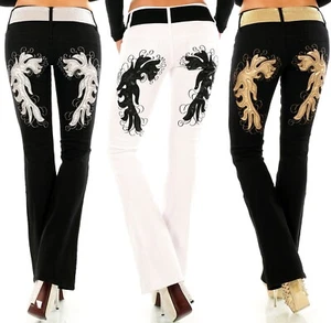 Damen Bootcut Jeans Hose Schlaghose Flamme Leder Stickerei Tattoo Gürtel XS-XXL - Bild 1 von 39