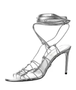 Saint Laurent Robin Sandals Slingback Heels Silver Leather Strappy 38.5 US8.5 - Picture 1 of 5