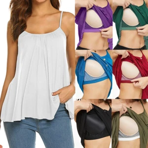 Women Flowy Cami with Built in Bra Swing Spaghetti Strap Tank Top Vest Plus Size - Picture 1 of 31
