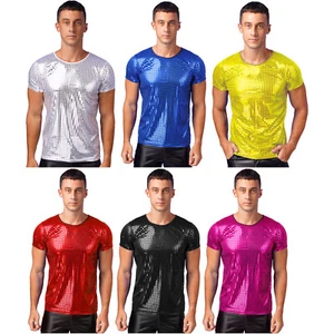 Short Sleeve T-shirts Metallic Undershirt Dance Tee Glitter Pullover Nightclub - Picture 1 of 59