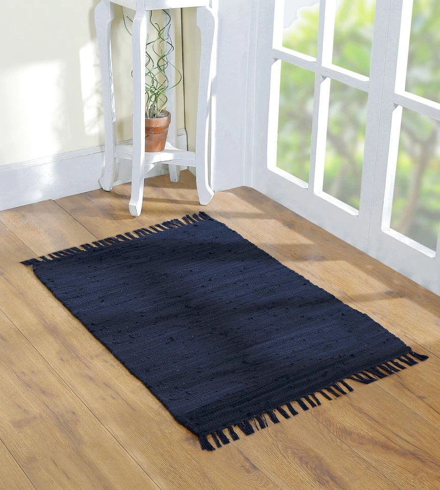 Tapete de algodão vibrante artesanal 24X36" – Lavável, reversível, com borlas 2'x3' - Imagem 1 de 4