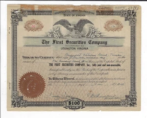 VIRGINIA 1926 The First Securities Company Stock Certificate Lexington #57 - Picture 1 of 2