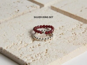 A+ Dainty 2-3MM Garnet Faceted Round Gemstone Beads Stretchable Silver Rings Set - Picture 1 of 12