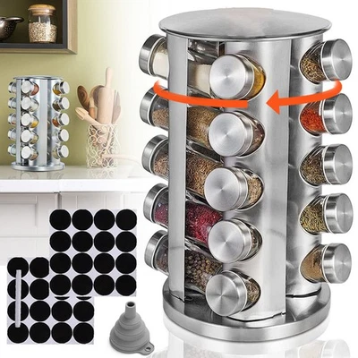 NEW Stainless Steel 20 Jar Revolving Spice Rack Stand Carousel Rotating Glass - Image 1 of 4