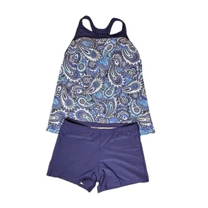 Yonique Tankini Womens Large Blue Paisley Print Boy Shorts Two Piece Swimsuit - Picture 1 of 12