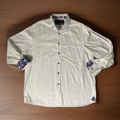 Coogi Luxe Men Size 2XL Blue White Striped Floral Flip Cuff Button Up Shirt - Image 1 of 4