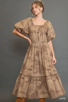 Umgee  Latte Landscape Print Pleated Cotton Puff Sleeved Midi Dress - Image 1 of 4