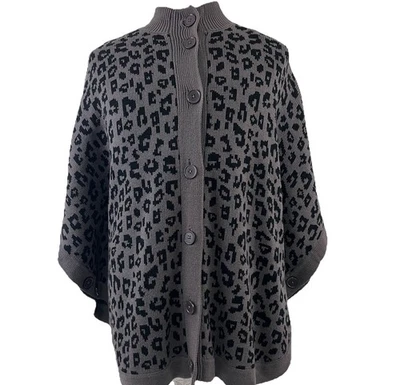 Denim & Co Animal Jacquard Poncho Gray Women’s XL Button Front Sweater New 9660 - Image 1 of 4