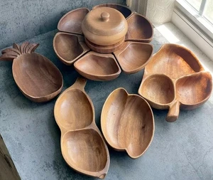 VTG Bathalawood Monkey Pod Lazy Susan w/Lidded Bowl & 4 Unique Divided Bowls MCM - Picture 1 of 14