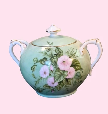 H&C Porcelain Sugar Bowl With Lid Morning Glory Grass Green Pink  - Image 1 of 4