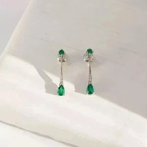 Lab Created Green Emerald 2Ct Pear Cut Drop Dangle Earring 14k White Gold Plated - Picture 1 of 8