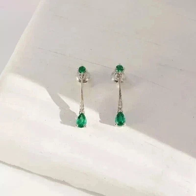 Lab Created Green Emerald 2Ct Pear Cut Drop Dangle Earring 14k White Gold Plated - Image 1 of 4