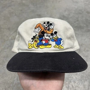 Vintage Disney Mickey Goofy Friends White Hat Cap Snapback White Black Flat Brim - Picture 1 of 9