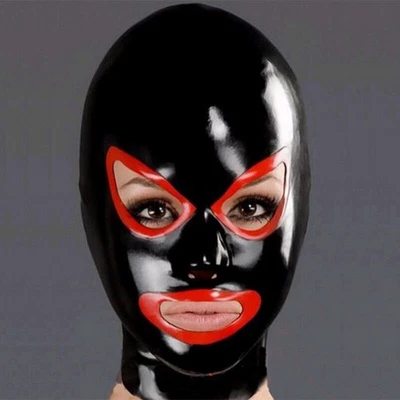 Latex Hood Open Mouth and Rising Eyes for Catsuit Handmade Rubber Mask Club Wear - Image 1 of 3