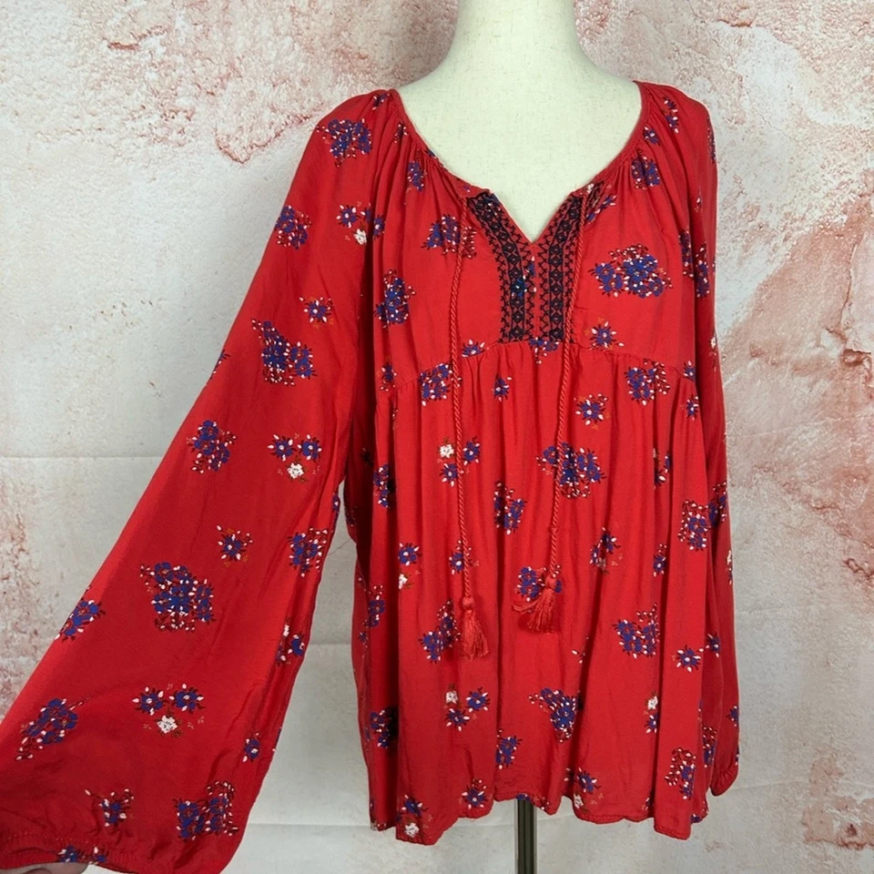 Top campesino boho bordado OLD NAVY talla XXL vaquera costera borla corbata roja Foto 1 de 4