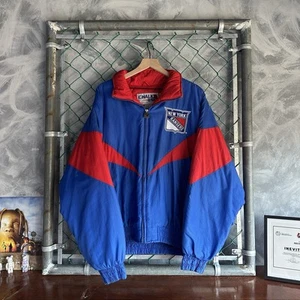 VTG Chalk Line New York Rangers NHL Puffer Full Zip Jacket Men's  XL  Blue 90's - Picture 1 of 16