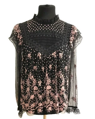 NEEDLE + THREAD Lace Illusion Embroidered Tulle Top Black Pink UK 14 REF A23 - Image 1 of 4