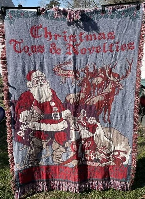 Vintage Fieldcrest Tapestry Throw Blanket Santa Holidays USA Sears Fringe Sleigh - Image 1 of 4