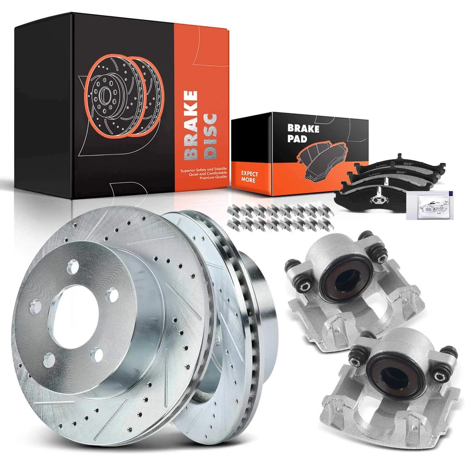 Rotor de freno delantero perforado y pastillas + pinzas para Jeep Cherokee 99-01 TJ Wrangler Foto 1 de 4