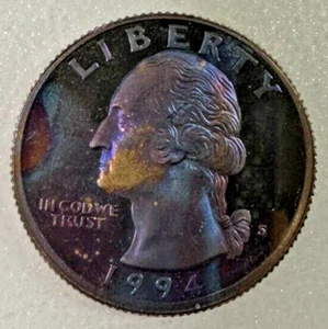 1994-S 25C Silver, DCAM (Proof) Rainbow Toned - Picture 1 of 10