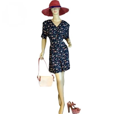 ESTILO NUEVA YORK VINTAGE AÑOS 90 AZUL MARINO ESTAMPADO FLORAL MAMELUCO TALLA GRANDE Foto 1 de 4