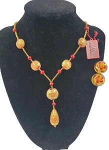 Vtg Antica Murrina Venezia Necklace & Earring Set Boxed/Tagged. Red & Gold Foil - Picture 1 of 9